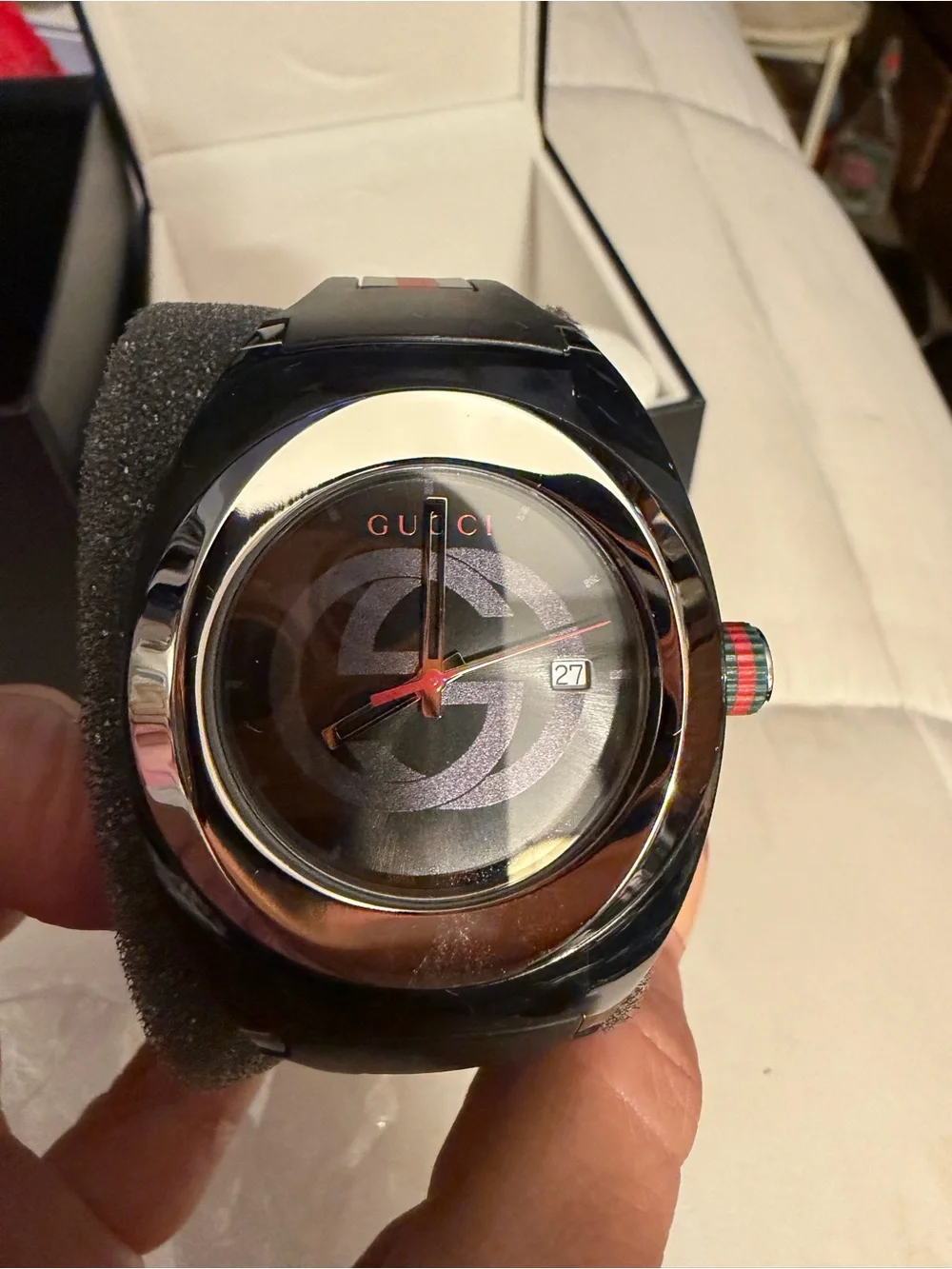 Gucci Black Watch with Silver Dial and Red Accents with box